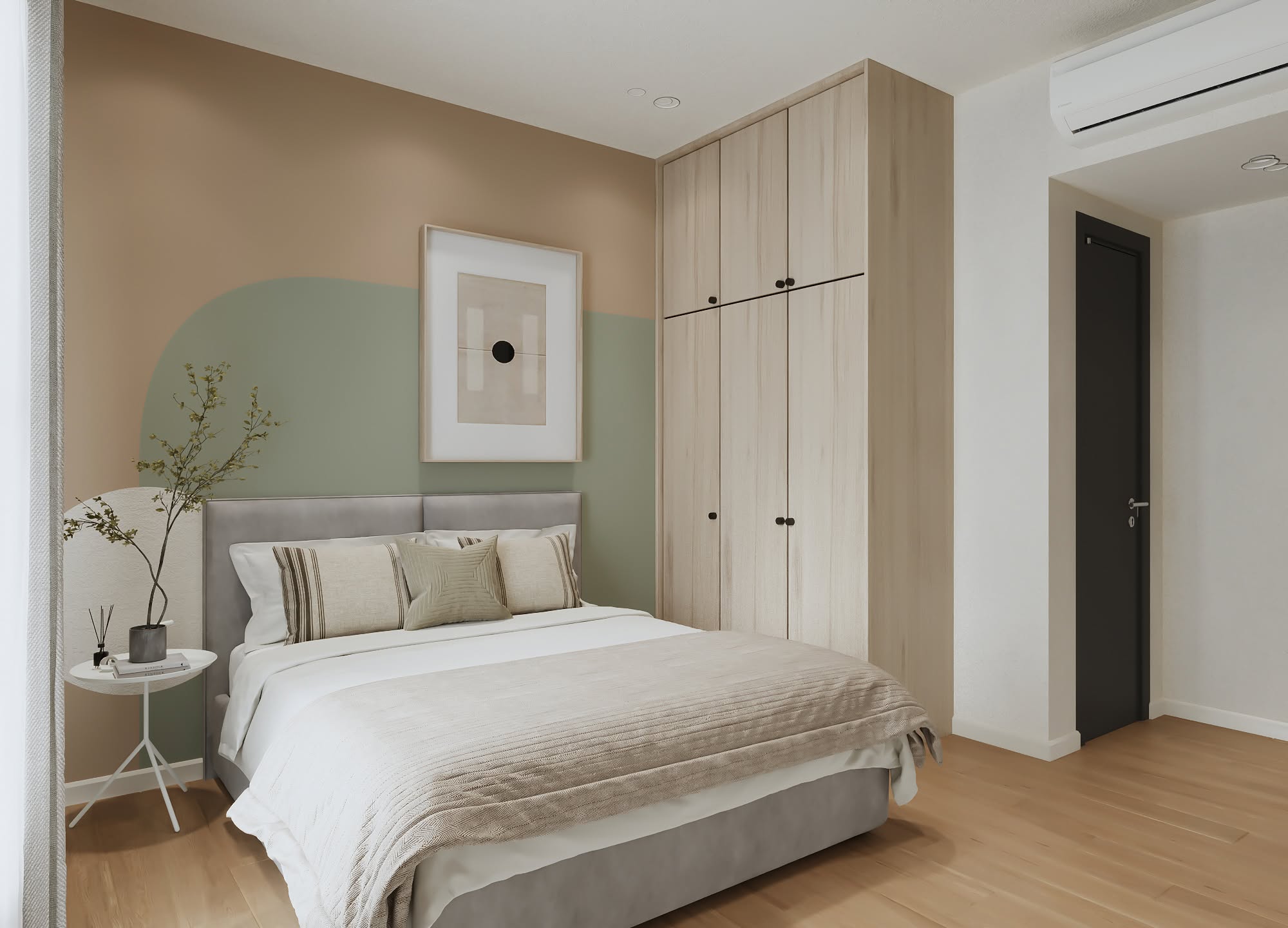 Bedroom with two-tone arch feature wall and full-height timber wardrobe