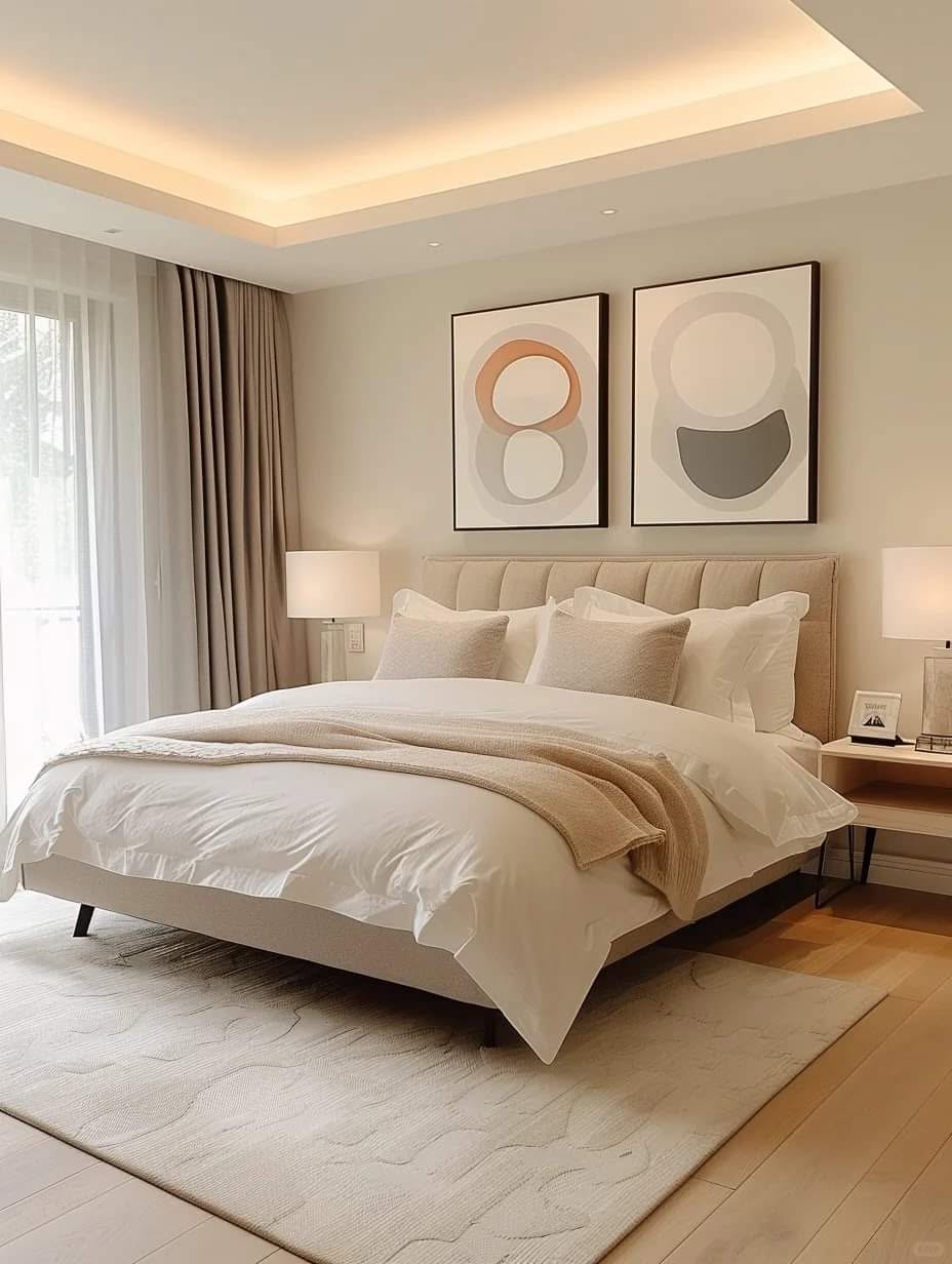 Master bedroom with upholstered headboard, layered bedding and cove ceiling light