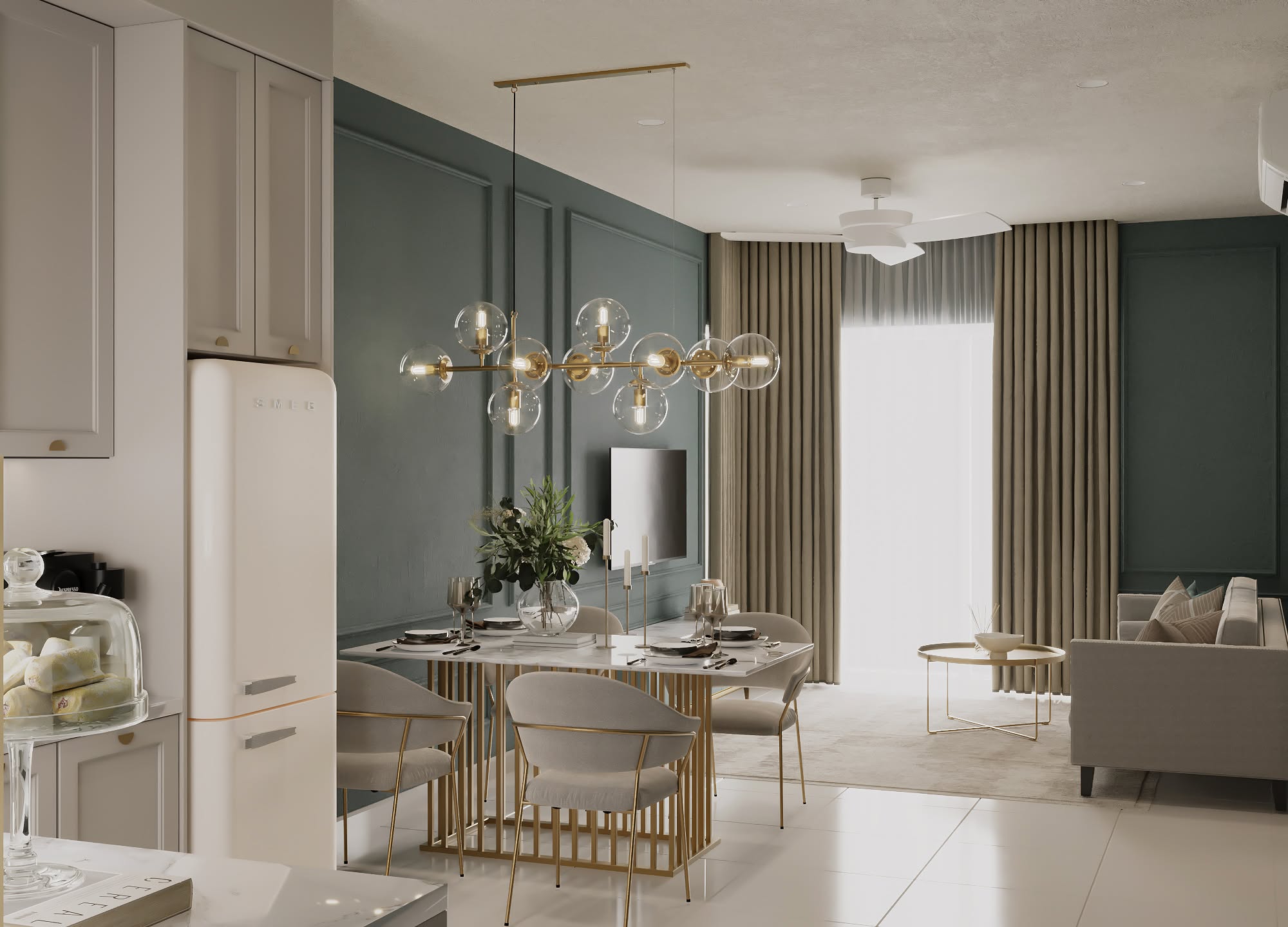 Dining area with panelled feature wall, brass pendant lighting and upholstered chairs