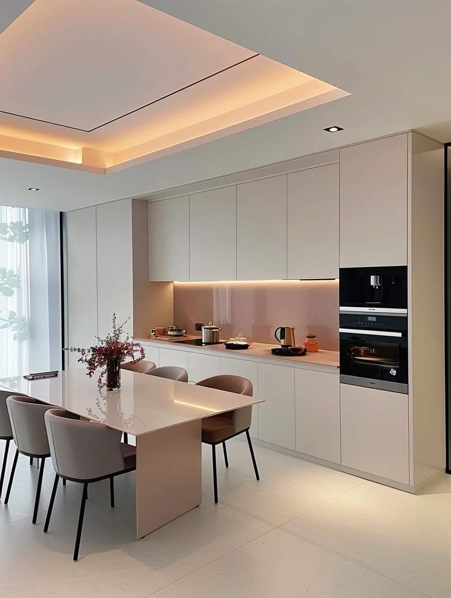 Modern handleless kitchen with cove lighting and integrated appliances