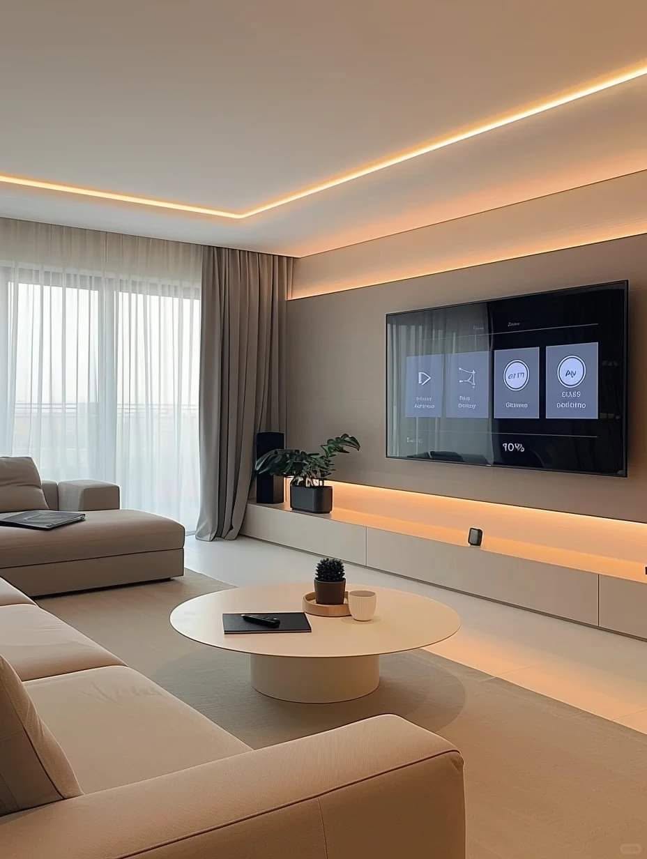 Living room with concealed cove lighting and a large wall-mounted display
