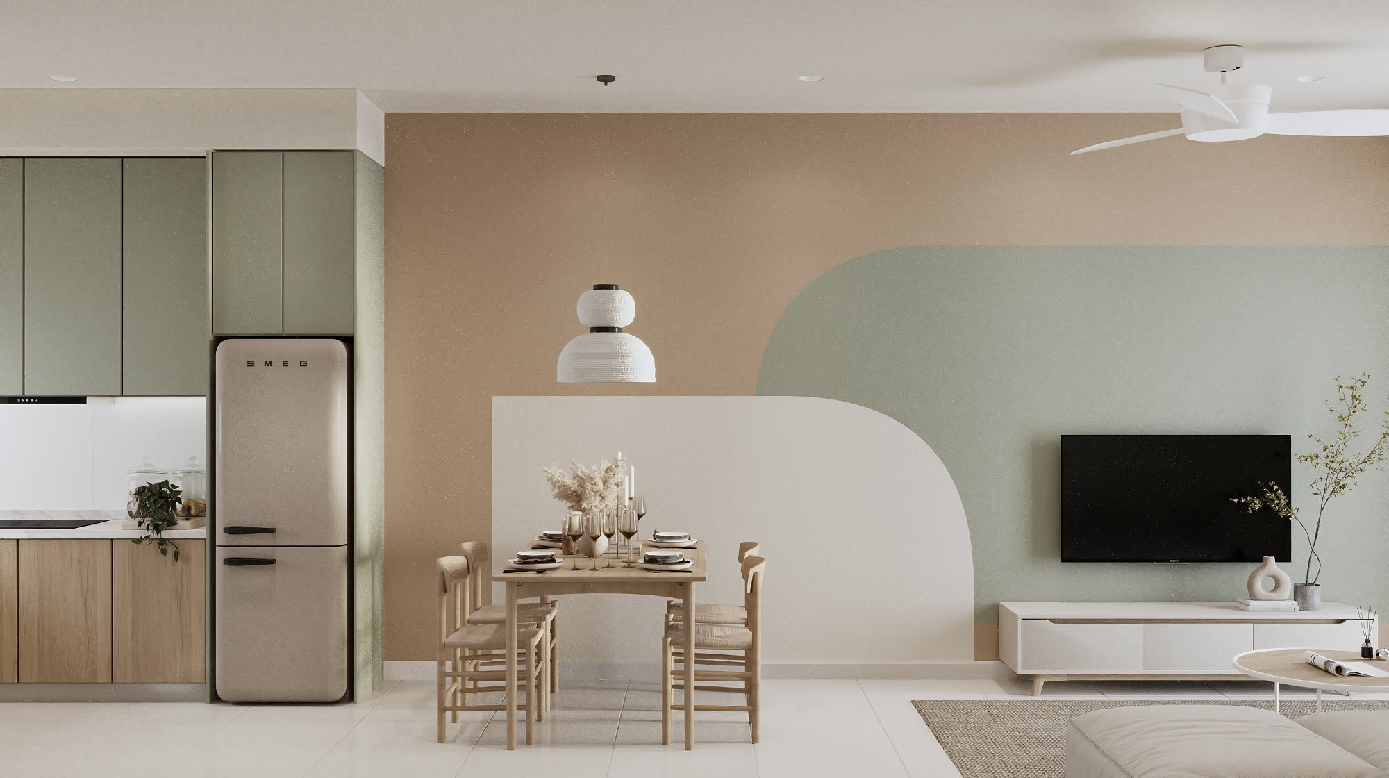 Open-plan living and dining area with sage green cabinetry and arched wall feature